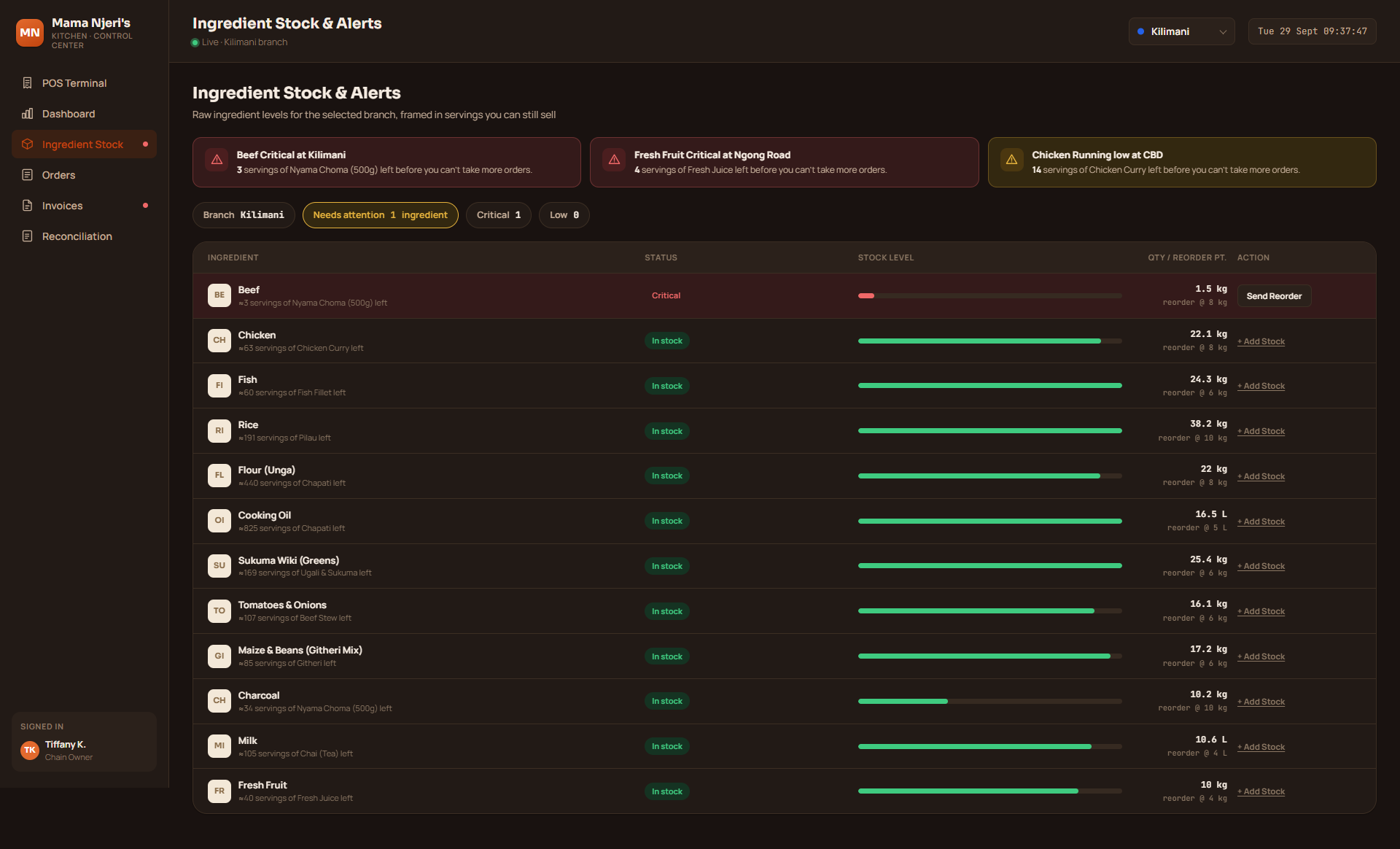 Ingredient stock and alerts screen showing raw ingredient levels and low-stock warnings