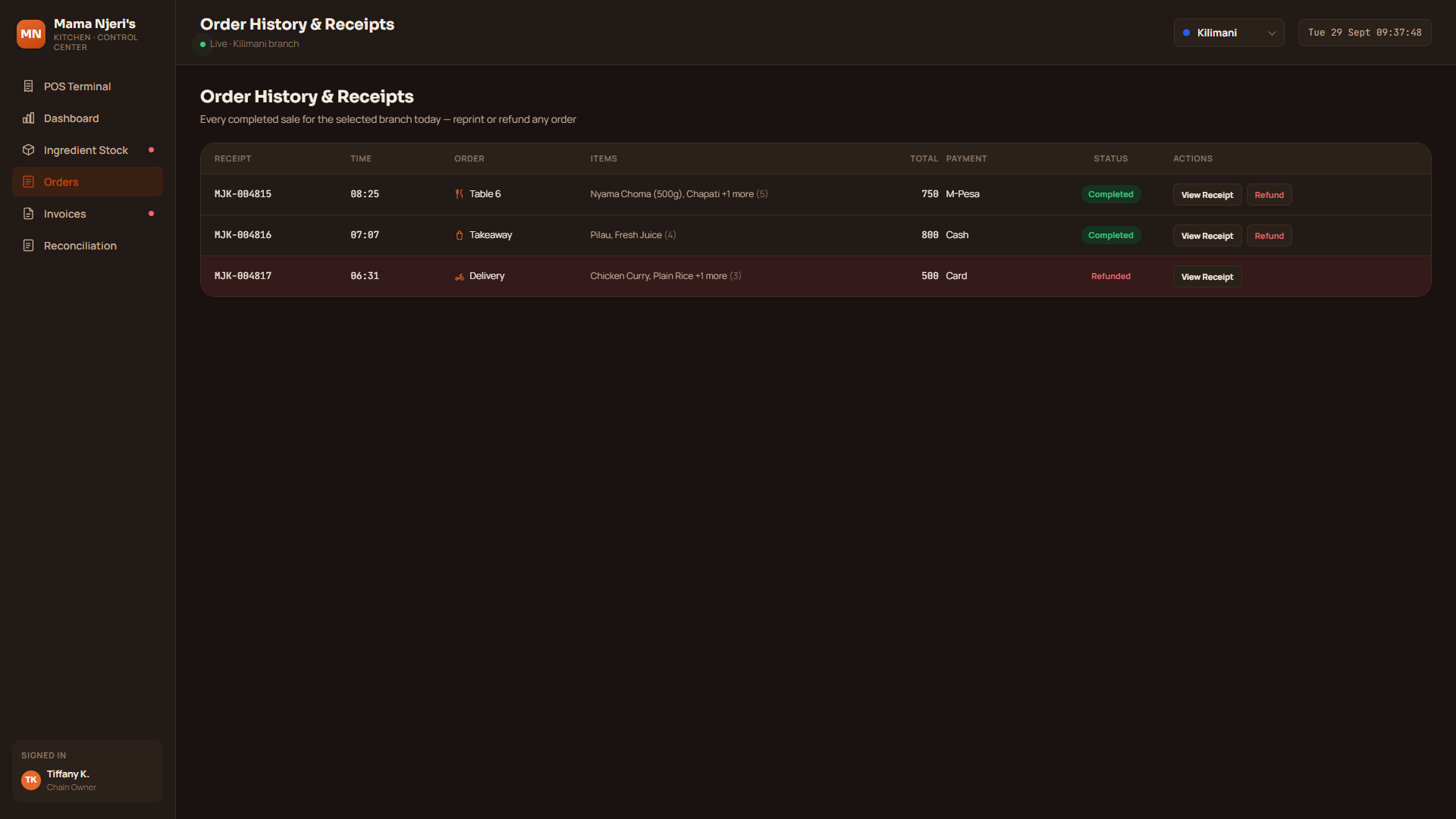 Order history and receipts screen