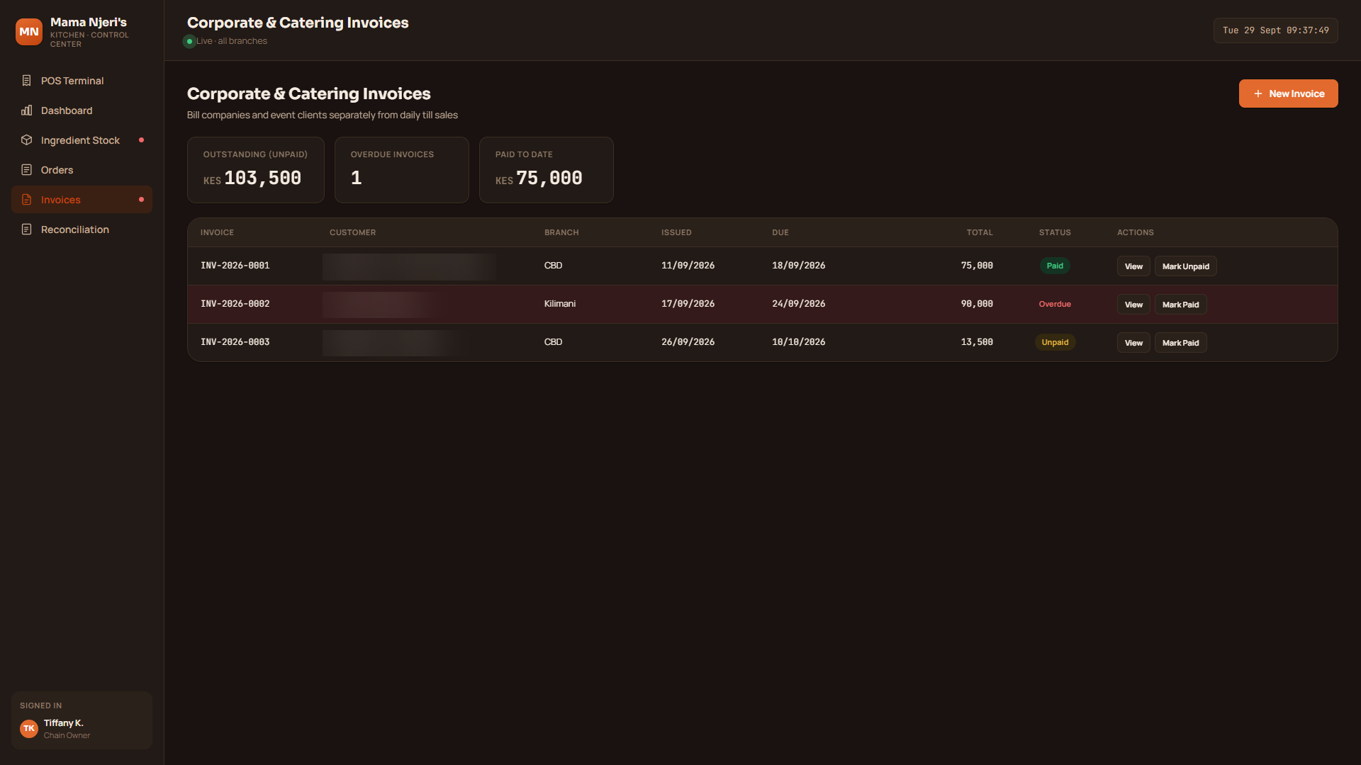 Corporate and catering invoices screen with client names blurred for confidentiality