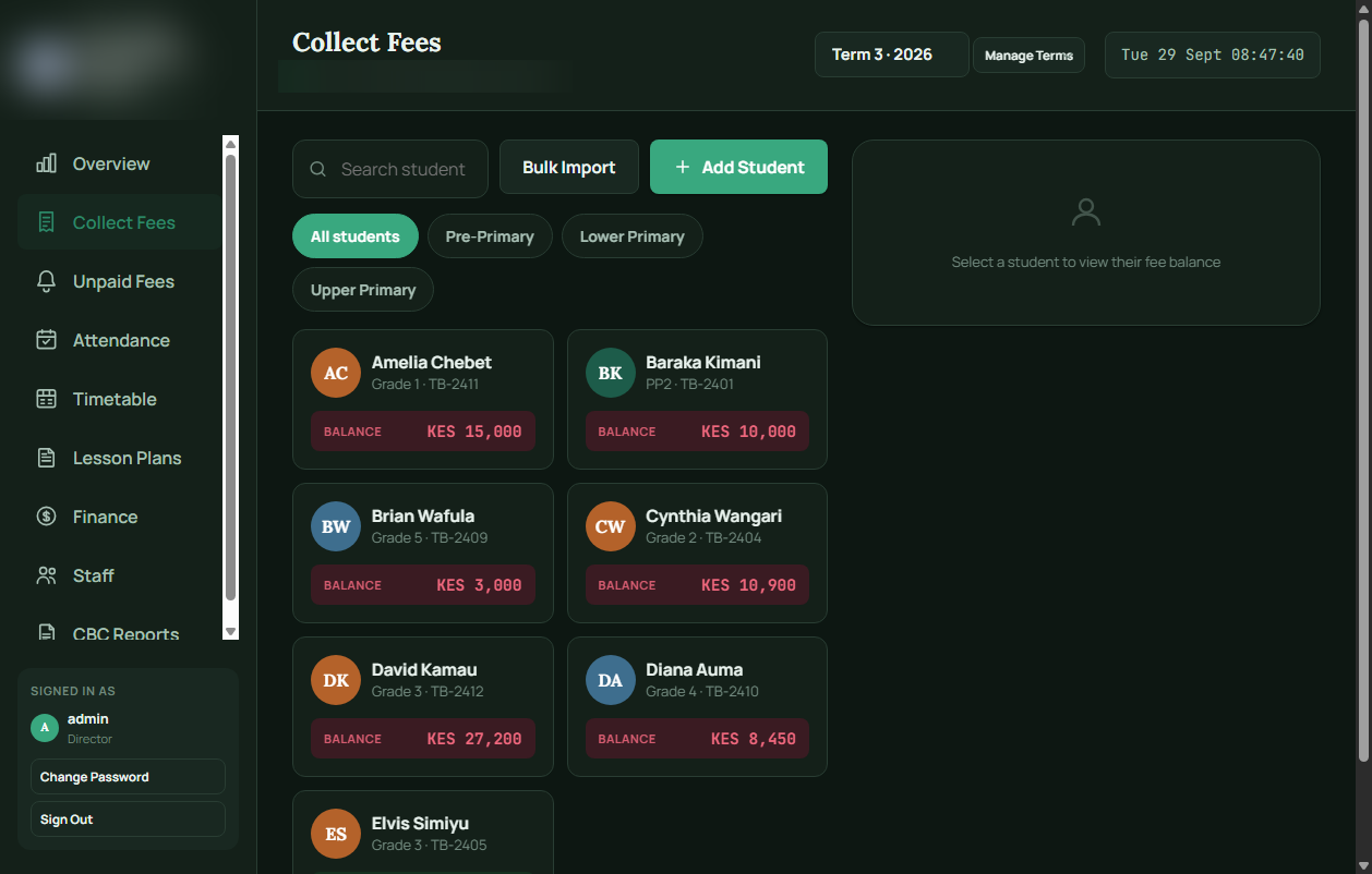 Collect fees screen listing students with their fee balances