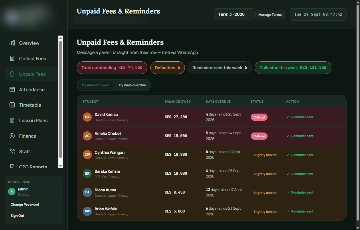 Unpaid fees and reminders screen showing defaulters and WhatsApp reminder status
