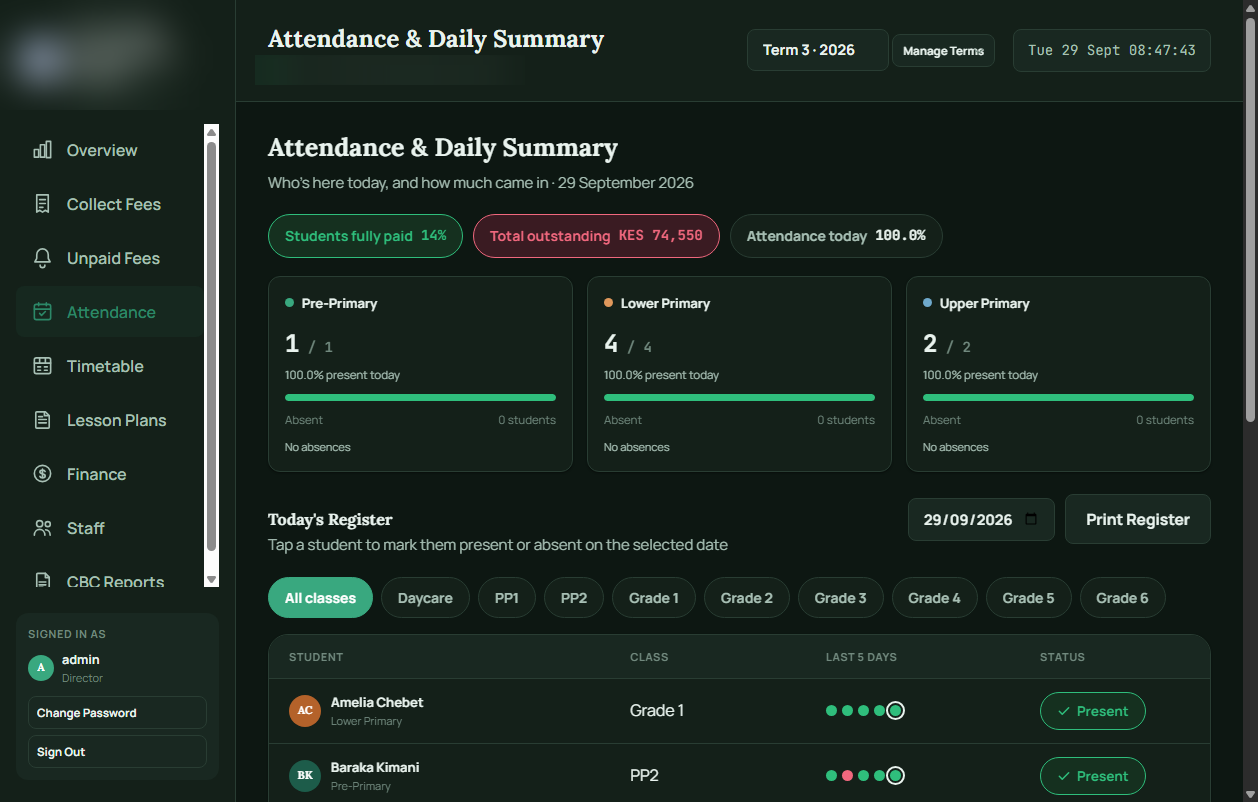 Attendance and daily summary screen showing present and absent counts by class