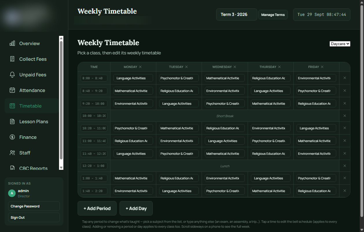 Weekly timetable editor for a class