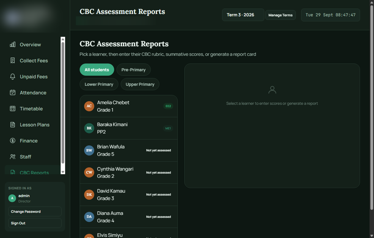 CBC assessment reports screen for selecting a learner and generating a report