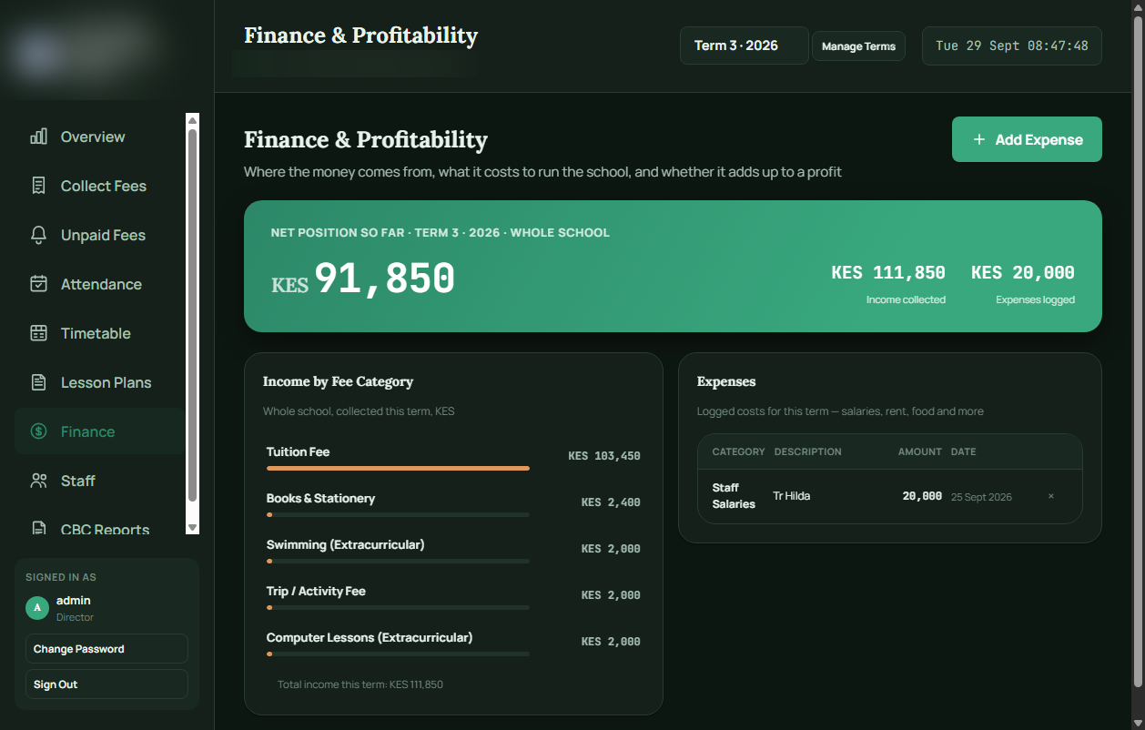 Finance and profitability screen showing term income and expenses