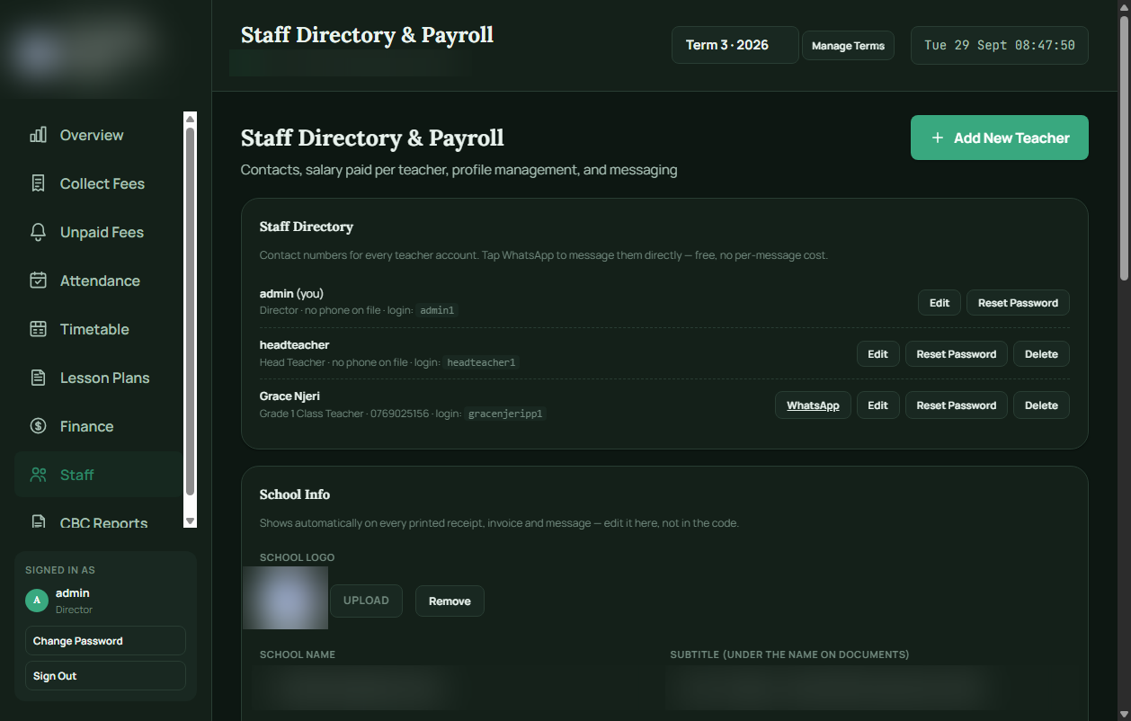 Staff directory and payroll screen with teacher contacts and school branding settings