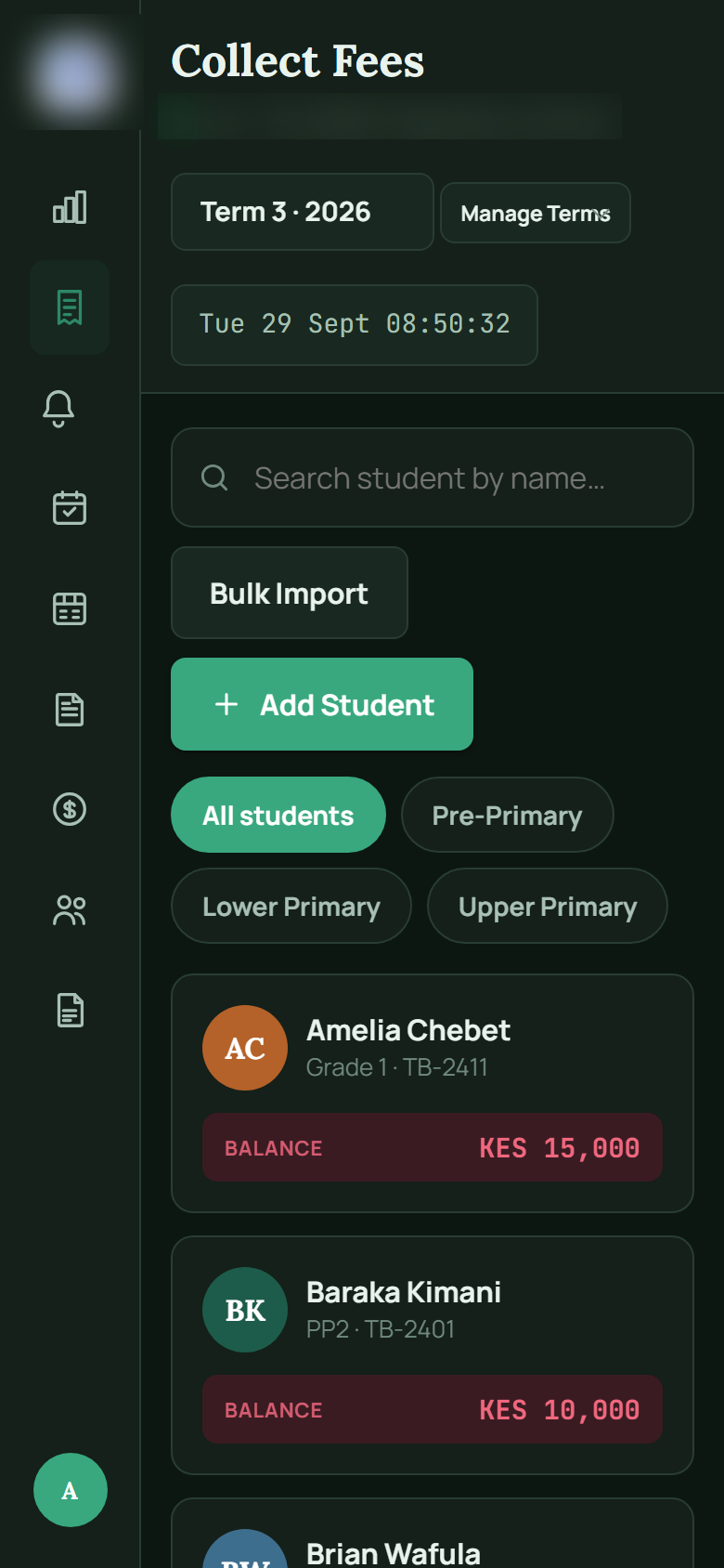 Mobile view of the collect fees screen